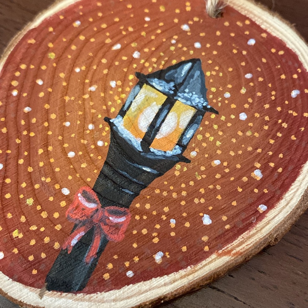 SOLD Warm Glow Hand Painted Wood Slice Ornament 3in - Picture 2 of 2